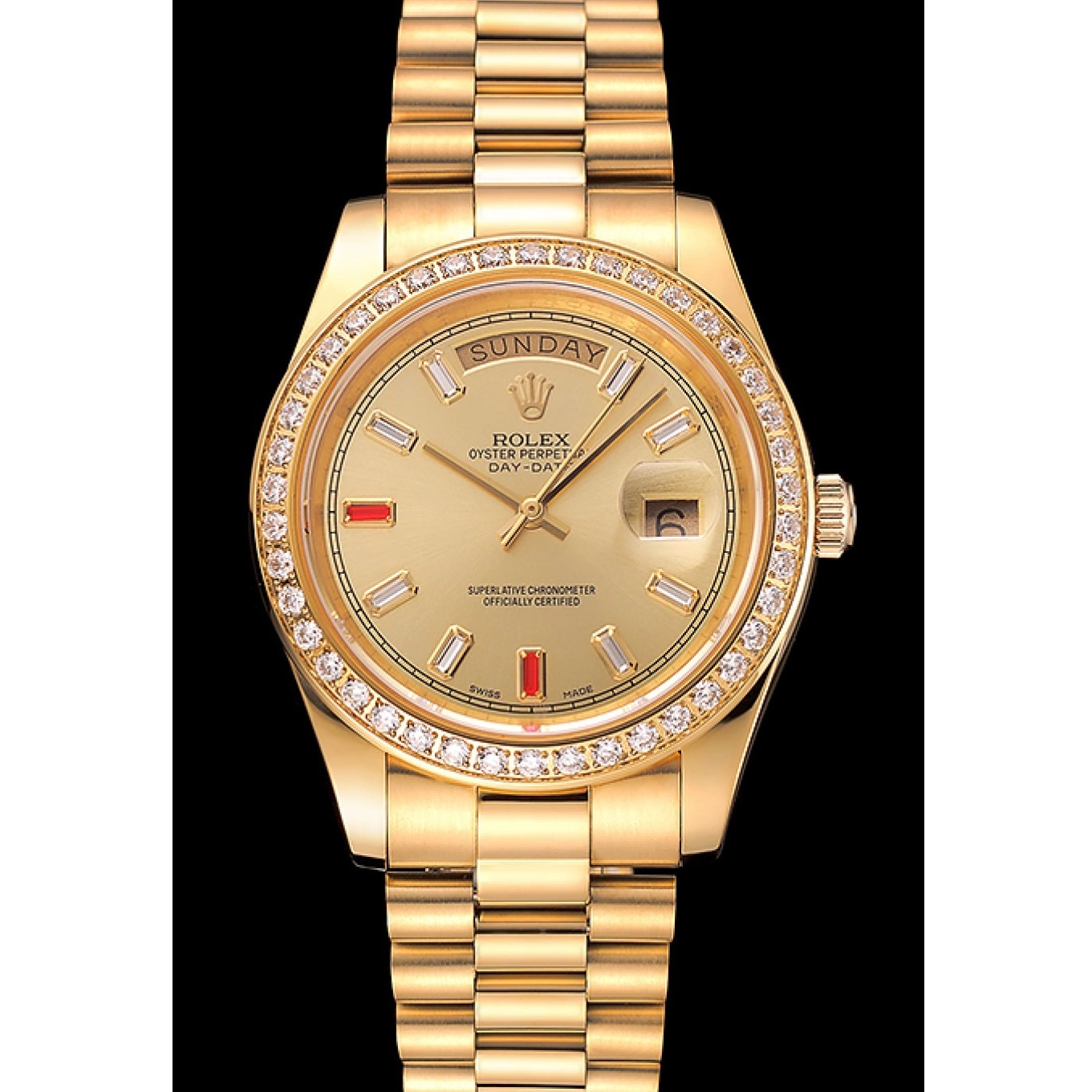 Aaa replica watch Rolex And Diamonds Champagne Dial Gold Swiss Rubies Bracelet Day-Date 1454100 0707